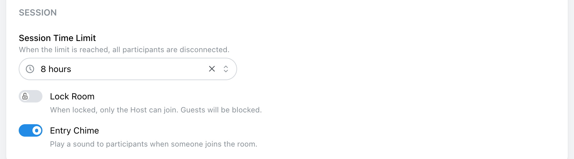 Session options and the Create button at the bottom of the room form
