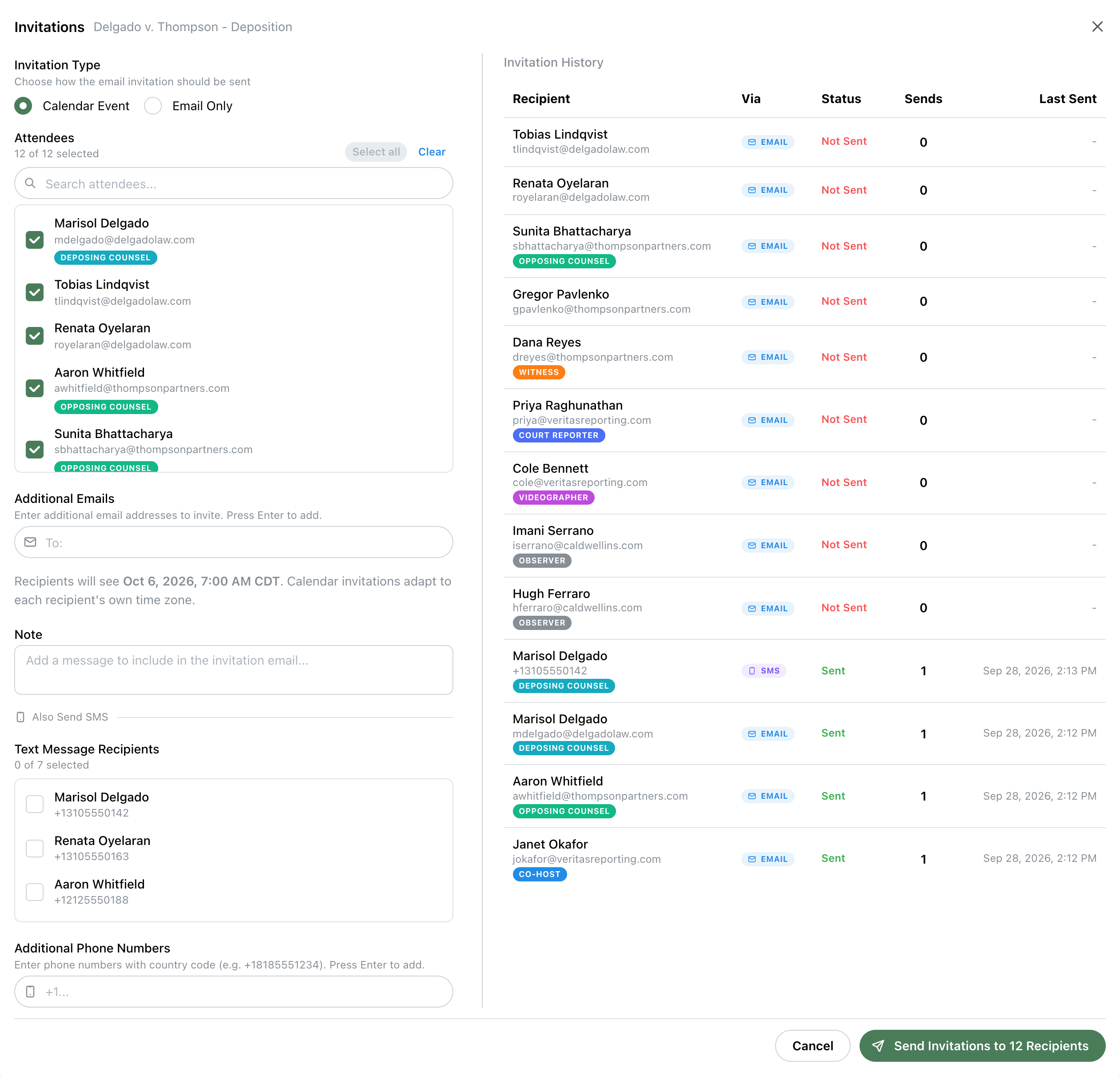 Invitations modal with attendee selection, SMS, and invitation history